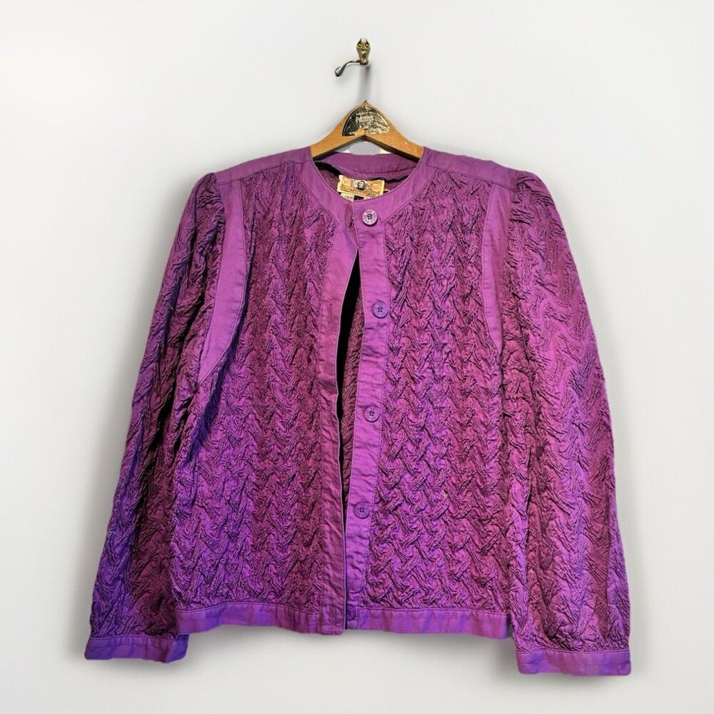 Gene Ewing BIS Textured Cotton Jacket Purple Crinkle Art Wear USA Boho Size L